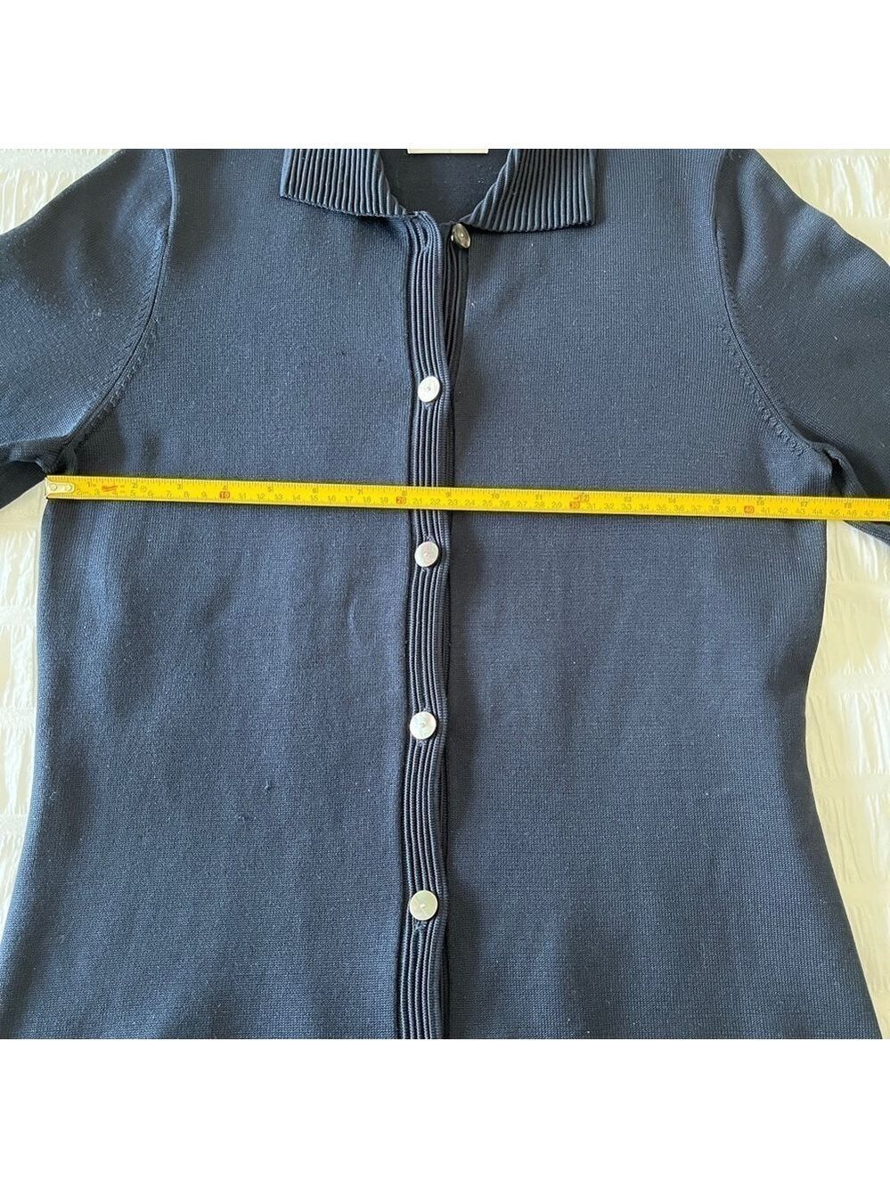 LIZ CLAIBORNE Silk Blend Fine Knit Navy Blue Shell Button Collared Cardigan Chic - Picture 13 of 16